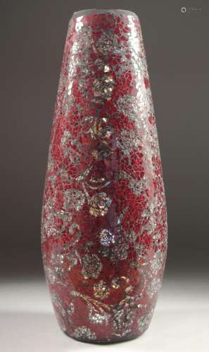 A MURANO RED AND SILVER GLASS VASE. 15ins high.