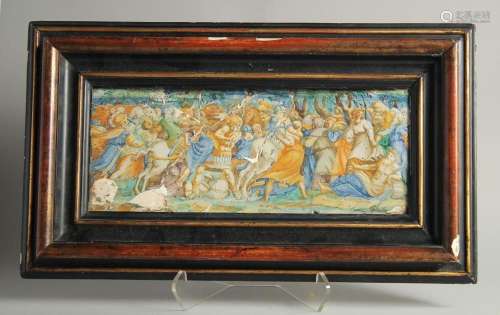 AN EARLY MAJOLICA PLAQUE, POSSIBLY 15-16TH CENTURY. A battle...