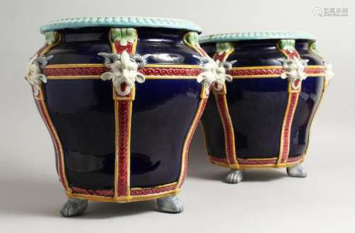 A GOOD PAIR OF MINTON BLUE AND WHITE POTTERY JARDINIERE with...