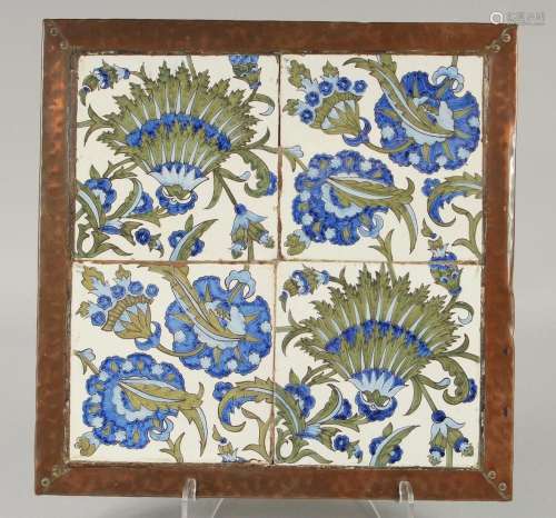 A SET OF FOUR SQUARE PORCELAIN TILES, each 6ins square, poss...