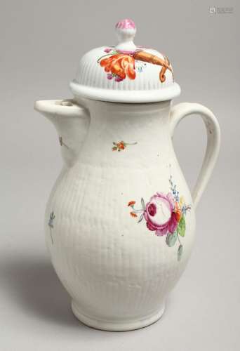 A GOOD COFFEE POT AND COVER painted with flowers. 11ins high...
