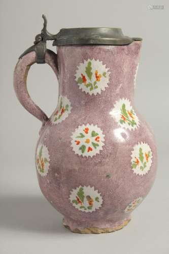 A GOOD LARGE 18TH CENTURY DUTCH FAIENCE JUG with pewter lid....