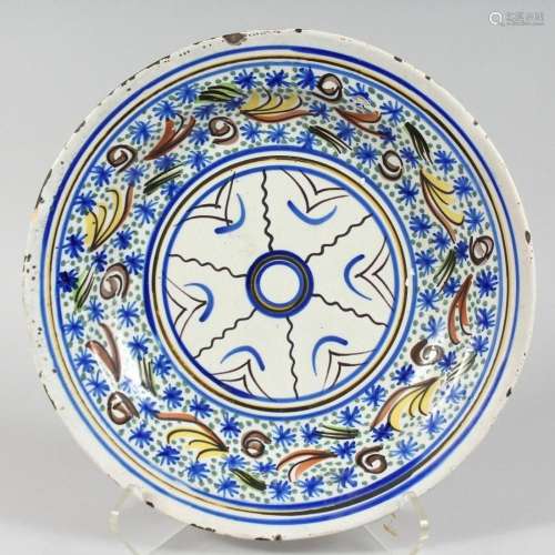 A 19TH CENTURY MAJOLICA BLUE AND YELLOW TIN GLAZE CHARGER. 1...