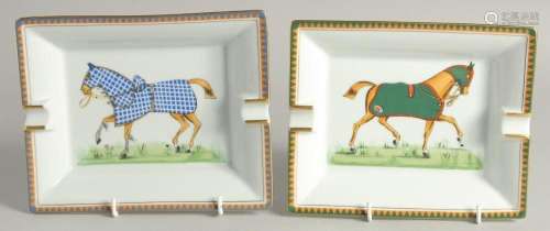 TWO HERMES OF PARIS PORCELAIN ASH TRAYS painted with horses....