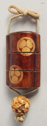 A JAPANESE THREE DIVISION WOODEN LACQUER INRO. 2.5ins