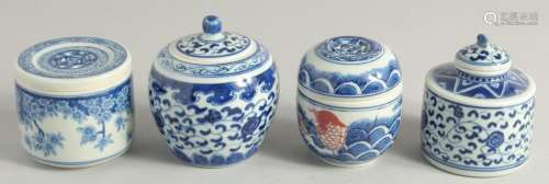 FOUR CHINESE BLUE AND WHITE PORCELAIN TEA CADDIES.