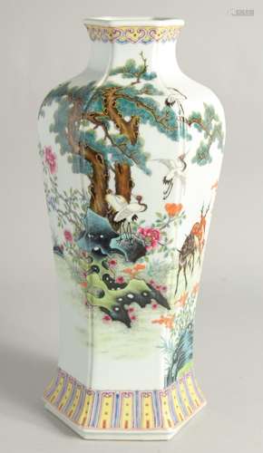 A CHINESE FAMILLE ROSE HEXAGONAL FORM VASE decorated with de...