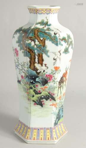 A CHINESE FAMILLE ROSE HEXAGONAL FORM VASE decorated with de...