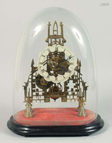 A GOOD VICTORIAN BRASS CATHEDRAL SKELETON CLOCK with black a...
