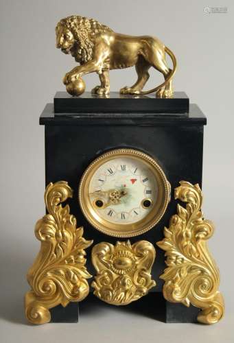 A GOOD FRENCH GILT BRONZE AND BLACK MARBLE CLOCK with lion s...