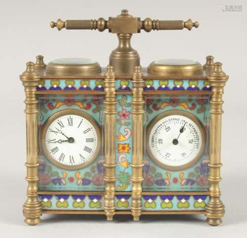 A DOUBLE CLOISONNE ENAMEL CARRIAGE CLOCK AND BAROMETER with ...