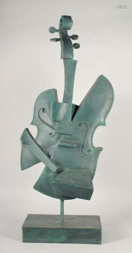 A BRONZE ABSTRACT VIOLIN on a rectangular base. 3ft 4ins hig...