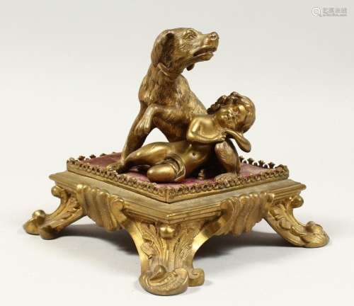 A GOOD 19TH CENTURY BRONZE GROUP, A DOG AND A SMALL CHILD on...