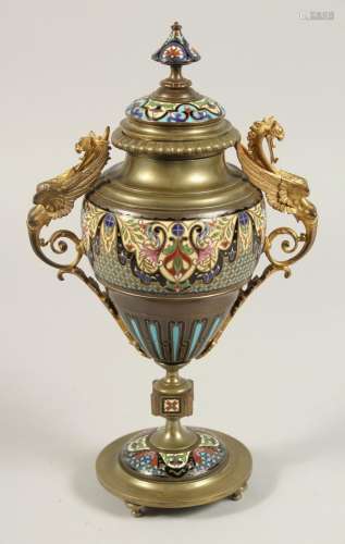 A GOOD 19TH CENTURY FRENCH CHAMPLEVE ENAMEL TWO HANDLED BRON...