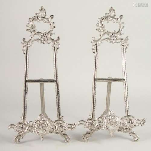 A PAIR OF CHROME PICTURE EASELS. 1ft 3ins high.