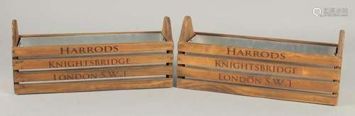 A SMALL PAIR OF "HARRODS" WOODEN BOXES. 1ft 2ins l...