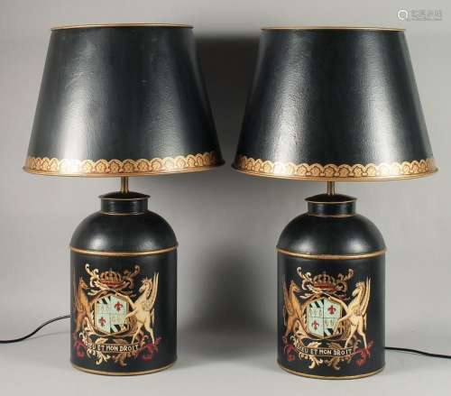 A PAIR OF BLACK TOLEWARE CANNISTER LAMPS AND SHADES 1ft 7ins...