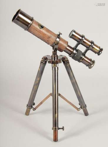 A LEATHER TELESCOPE ON A STAND. 1ft high.