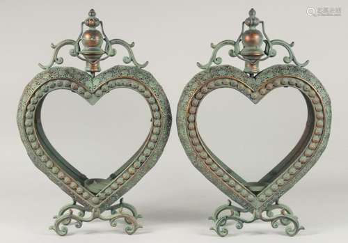 A PAIR OF COPPER HEART SHAPED LANTERNS. 1ft 8ins high.