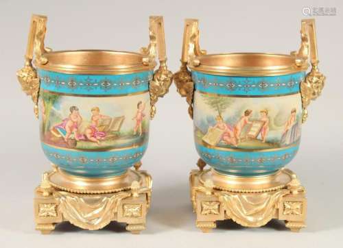 A GOOD PAIR OF SEVRES STYLE PORCELAIN AND GILT METAL CACHE P...