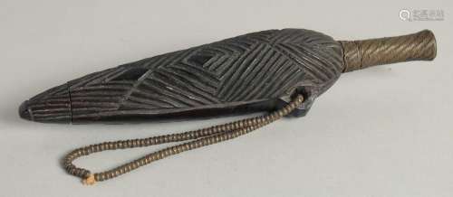 A CARVED SHONA SNUFF BOTTLE with beads. 8ins long.