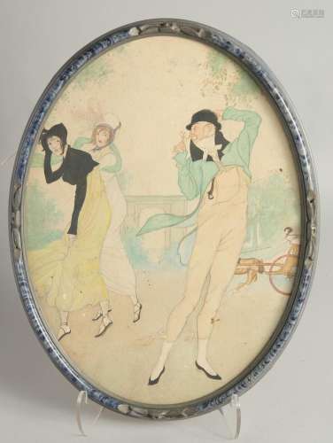 ICART. A FRENCH OVAL WATERCOLOUR, a dandy and ladies. 16ins ...