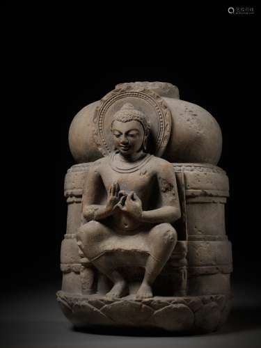 A SANDSTONE STUPA DOME FRAGMENT DEPICTING BUDDHA, POST-GUPTA...