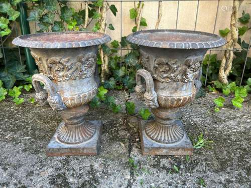 2 cast iron garden vases