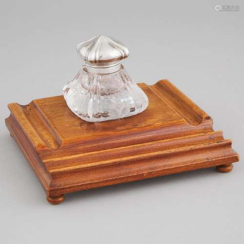 American Silver Mounted Engraved Glass and Carved Oak Inkst