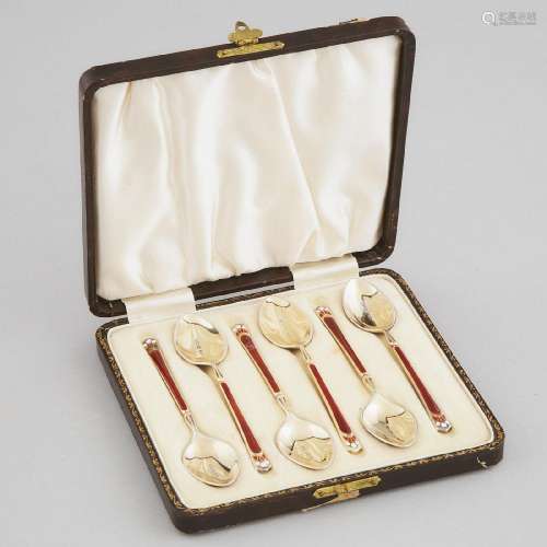 Set of Six English Silver-Gilt and Enamel Coffee Spoons, Tu