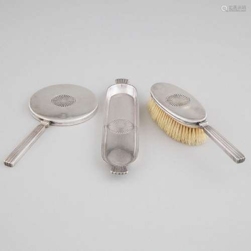 Danish Silver Mounted Hand Mirror, Hair Brush and Tray, #27