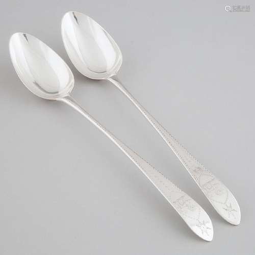 Pair of George III Irish Silver Bright-Cut Serving Spoons,