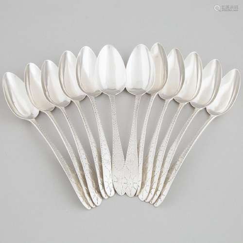 Twelve George III Irish Silver Bright-Cut Dessert Spoons, J