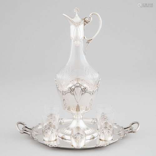 German Art Nouveau Silver Plated and Cut Glass Liqueur Set,