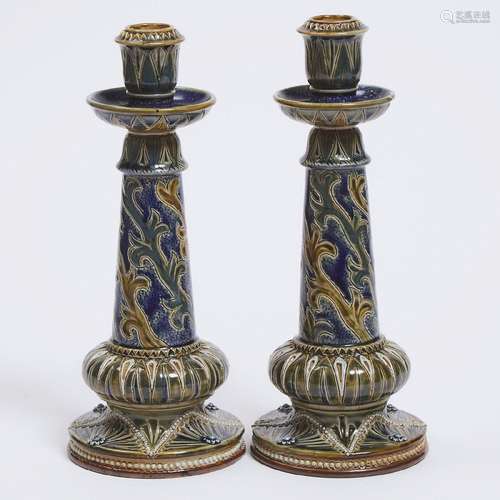 Pair of Doulton Lambeth Stoneware Candlesticks, Emily Storm