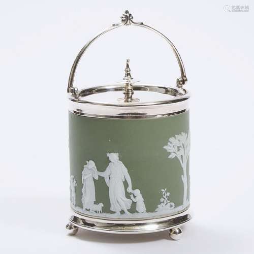 Wedgwood Green Jasper-Dip Biscuit Barrel, c.1900, height 9.