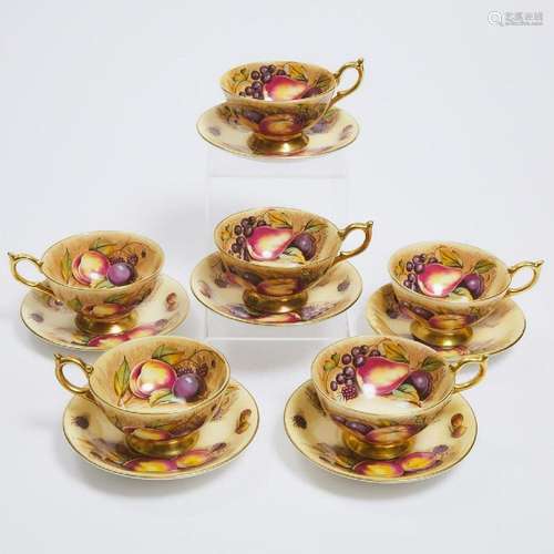 Six Aynsley 'Orchard Gold' Cups and Saucers, N. Brunt, 20th