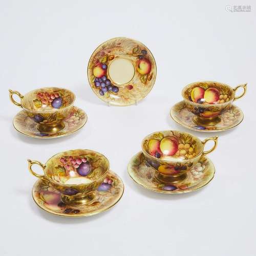 Four Aynsley 'Orchard Gold' Cups and Five Saucers, D. Jones