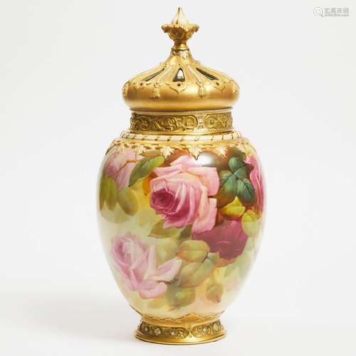 Royal Worcester Large 'Hadley' Roses Pot-Pourri Vase and Co