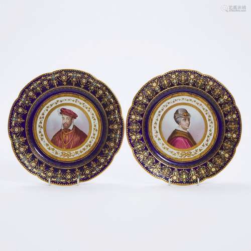 Pair of 'Sèvres' 'Jeweled' Bleu de Roi Ground Portrait Plat