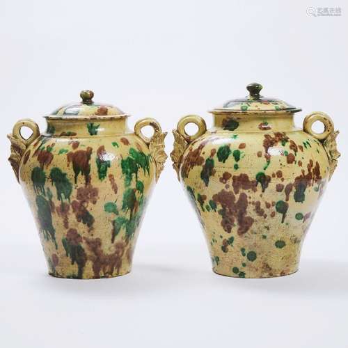 Pair of Italian Green and Brown Spatter Glazed Earthenware