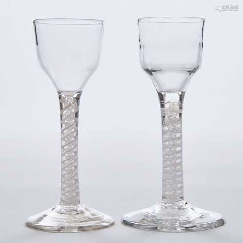 Two English Opaque Twist Stemmed Wine Glasses, c.1760-80, h