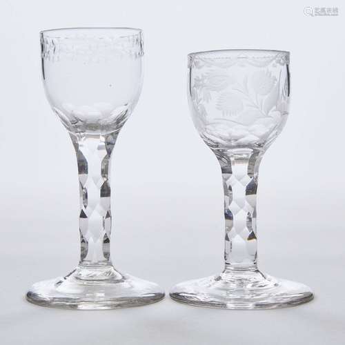 Two English Engraved Faceted Stemmed Wine Glasses, c.1765-8