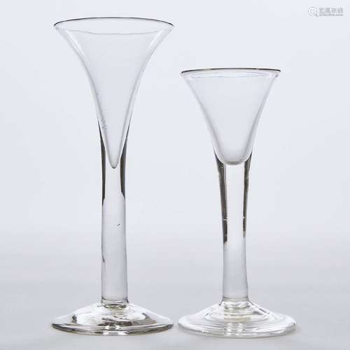 Two English Plain Stemmed Wine Glasses, mid-18th century, h