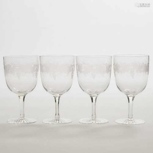 Four Bohemian Etched Glass Wine Goblets, late 19th/early 20