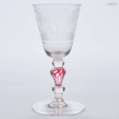 Bohemian Red Twist Stemmed Engraved Wine Glass, early 18th