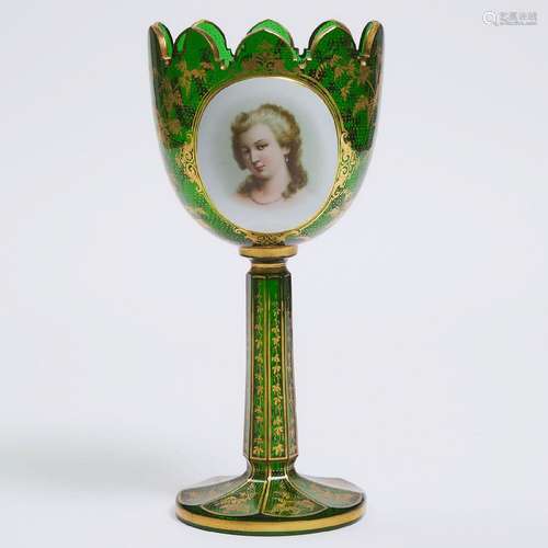 Bohemian Green and Gilt Glass Enameled Portrait Vase, late