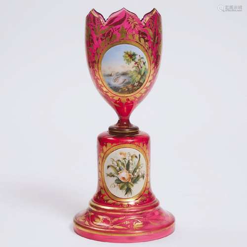 Bohemian Overlaid, Enameled and Gilt Red Glass Vase, late 1