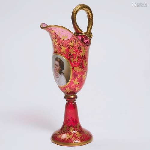 Bohemian Overlaid, Enameled and Gilt Red Glass Portrait Jug