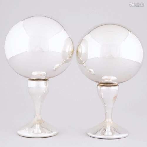 Two Mercury Glass Pedestal-Footed Witches' Balls, 19th cent